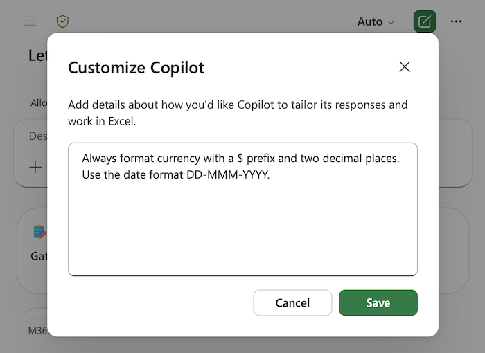 Screenshot of the Copilot in Excel personalization dialog, including examples in the text area.