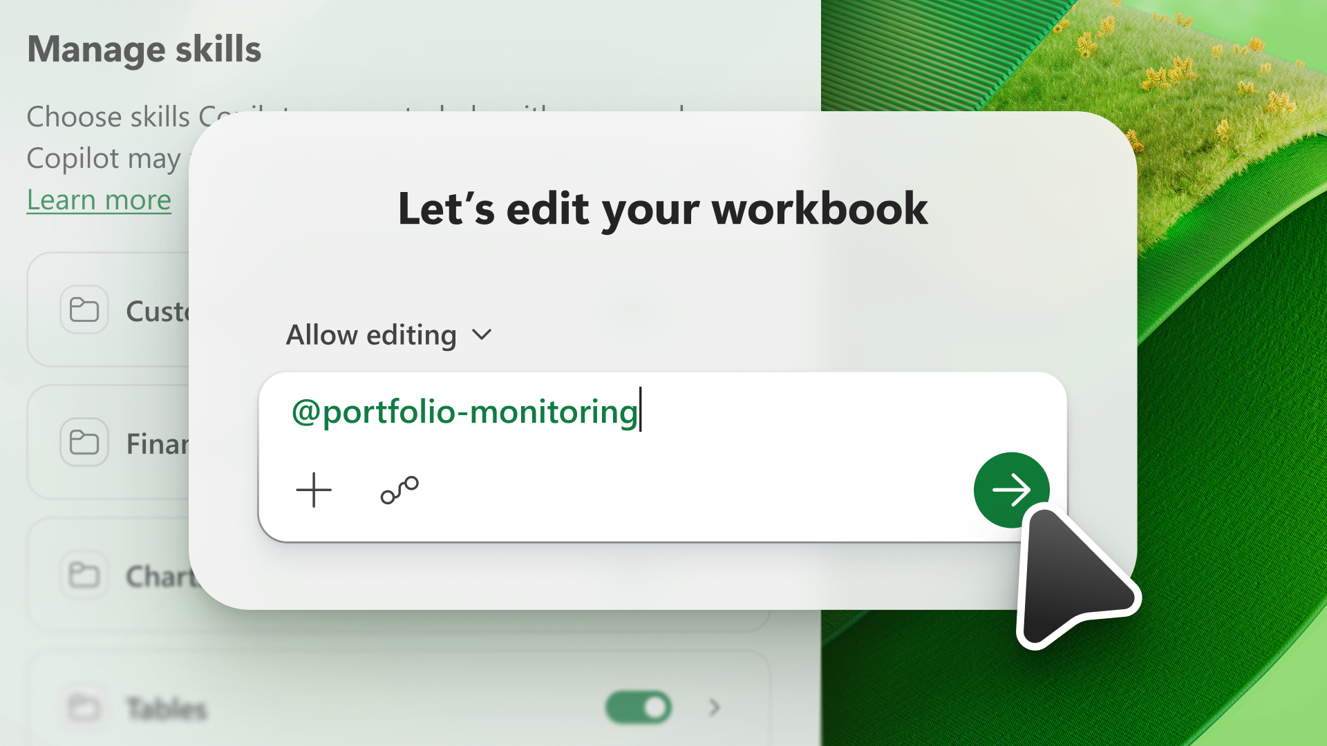 A marketing image showing the Copilot in Excel skills feature.