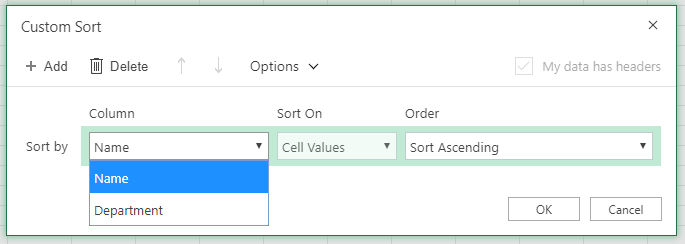 Custom sort dialog with the sort by row column is selected on the column Name