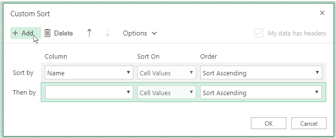 After clicking Add another sort level will appear in the list near Then By