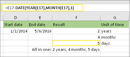 =DATEDIF(D17,E17,md) and result: 5