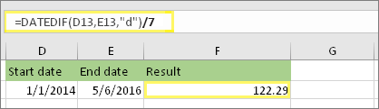 =(DATEDIF(D13,E13,d)/7) and result: 122.29