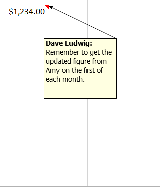 Cell with $1,234.00, and an oOlder, legacy comment attached: Dave Ludwig: Is this figure correct?