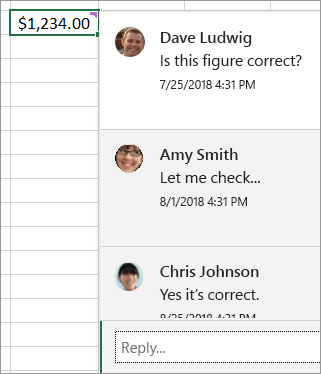 Cell with $1,234.00, and a threaded comment attached: Dave Ludwig: Is this figure correct? Amy Smith: Let me check... and so on