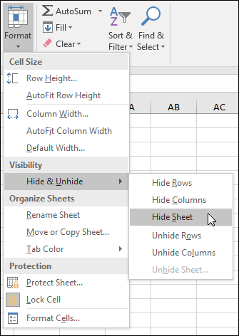 Hide or unhide worksheets from Home. > Cells > Format > VIsibility > Hide & Unhide