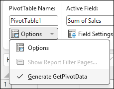 Screenshot of Excel PivotTable Options menu. The top section shows PivotTable Name: PivotTable1. Below, a dropdown menu labeled Options is expanded, displaying three items: Options, a grayed-out Show Report Filter Pages…, and a checked option Generate GetPivotData.