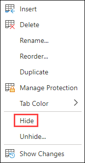 Hide tab in Excel for the web.
