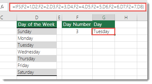 IFS function - Days of the Week example - Formula in cell G2 is  =IFS(F2=1,D2,F2=2,D3,F2=3,D4,F2=4,D5,F2=5,D6,F2=6,D7,F2=7,D8)
