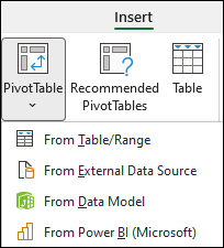 Insert PivotTable dropdown showing from Power BI option.