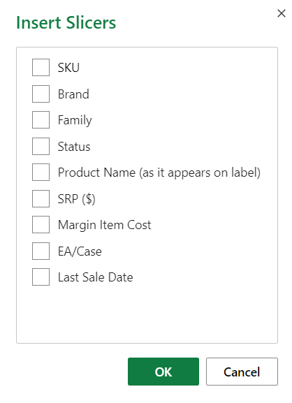 Screenshot of Insert Slicer options.
