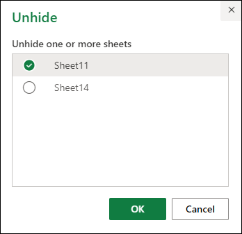 Select tab to unhide in Excel for the web.