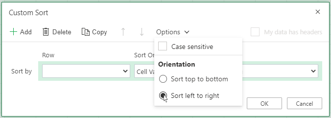 Custom sort open Options Menu and select sort left to right