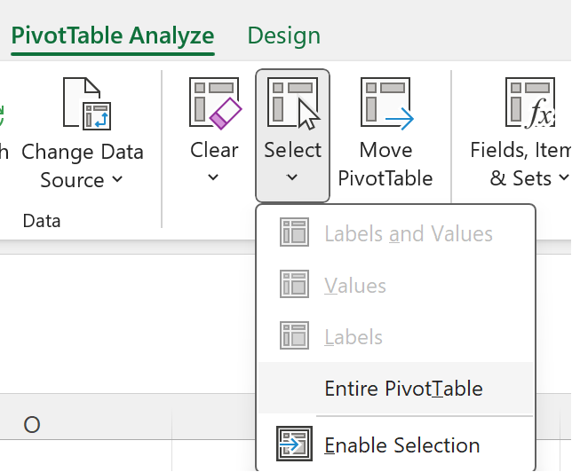 Select Entire PivotTable button in Windows.