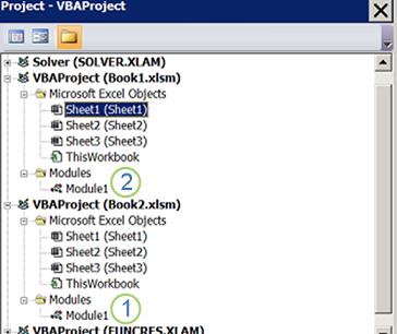 VBA Project Explorer pane showing the project trees for VBAProject Book1.xlsm and VBAProject Book2.xlsm. Number 1 marks Module1 under the Book2.xlsm Modules folder, and number 2 marks the Modules folder under Book1.xlsm, indicating where to drag the module to copy it.