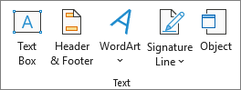 Screenshot that shows the Text group on the Insert tab.