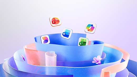 Abstract illustration featuring the icons for Microsoft 365 Copilot, Excel, PowerPoint, and Word