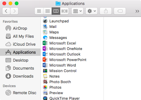 Open Finder > Applications > Search for Microsoft