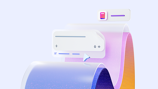 3D illustration of floating UI chat box elements including a search bar with icons, suggesting interaction or navigation