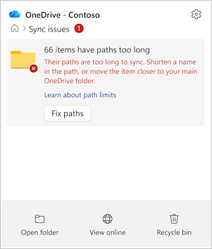 Screenshot showing OneDrive activity center with Fix paths option.