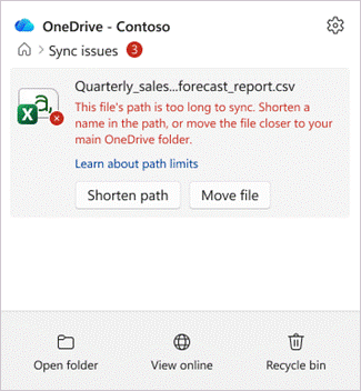Screenshot showing the OneDrive Activity Center with flags for an item whose path is too long, with the Shorten path and Move file buttons.
