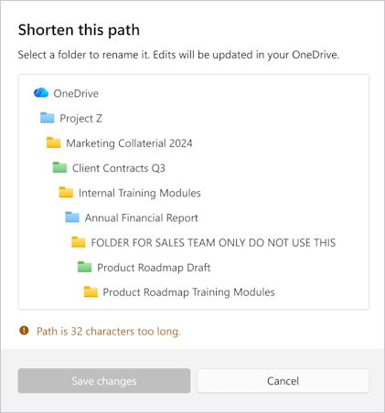 Screenshot displaying the message to shorten the selected filename.