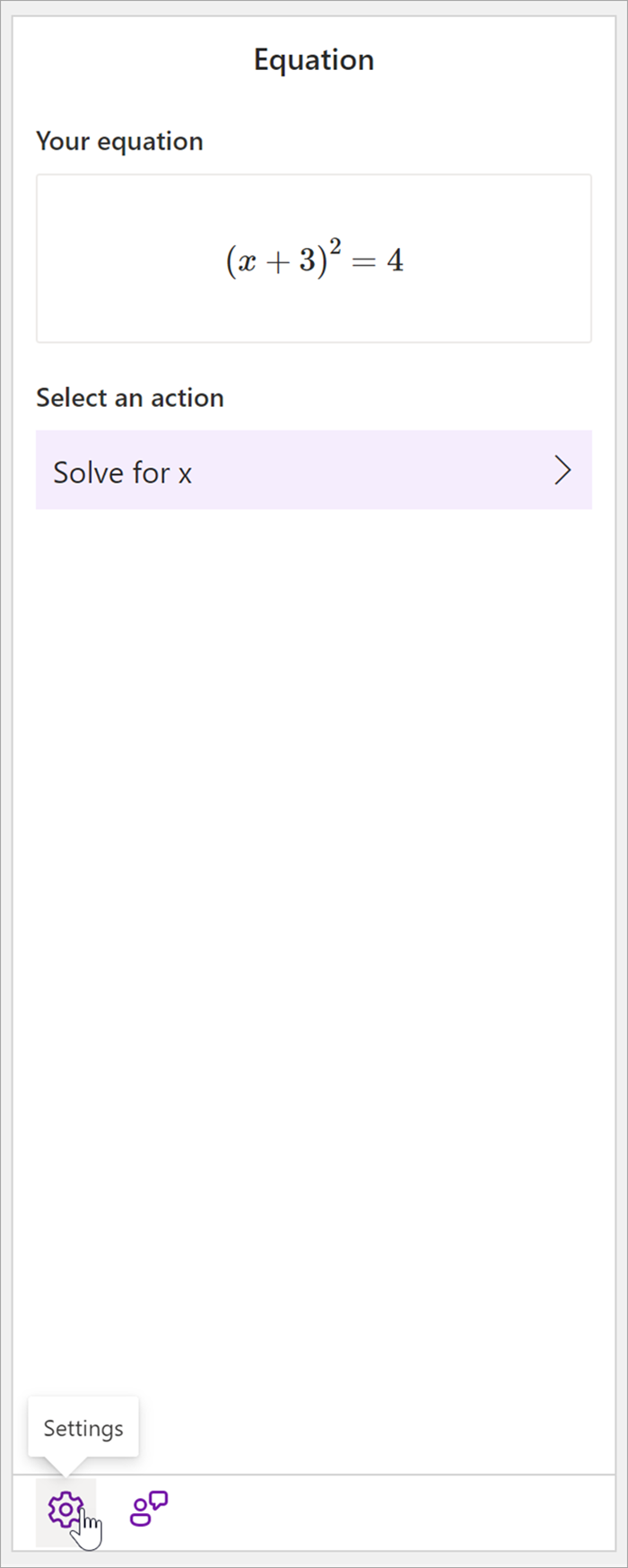 screenshot of the math pane of onenote desktop with the equation (x+3)^2=4. In the Select an action section, the only action available is Solve fore x.