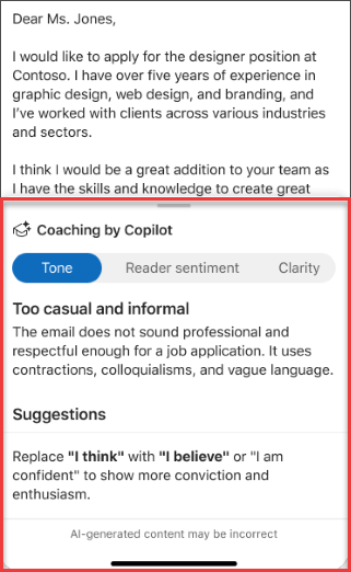 Copilots suggestions for tone, clarity, and reader sentiment in Outlook for mobile