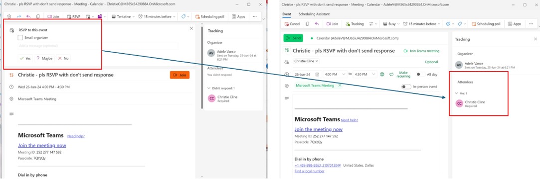 Screenshot shows dont send response RSVP tracked in new outlook
