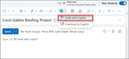 Draft with Copilot drop-down menu option in New Outlook