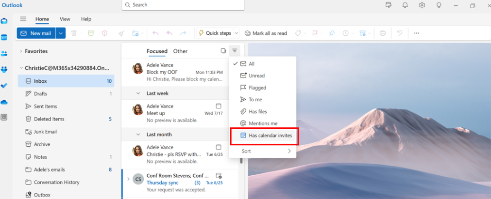 Screenshot shows executive admins can use the has calendar invites email filter