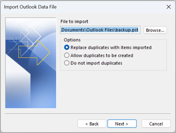 On the Import Outlook Data File screen, browse to find the .pst file youd like to import. Choose from the options on how youd like to handle duplicates.