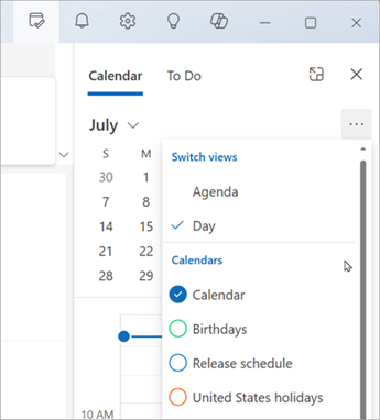Select Switch views to display the Agenda view or Day view. Here’s where you can also choose which calendars to display.