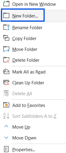 Screenshot that shows the selection of a new folder in the navigation pane of classic Outlook.
