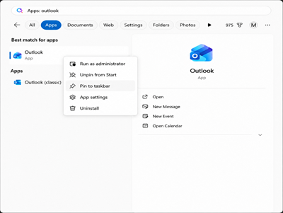 Screenshot showing Outlook in Start with Pin to taskbar