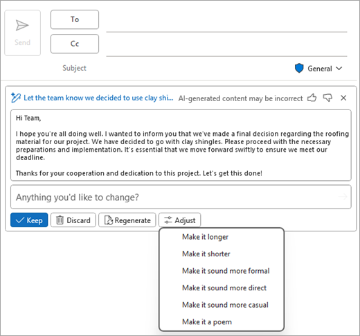 Shows the Outlook Classic mail page, with a Copilot draft, and the Adjust options displayed.