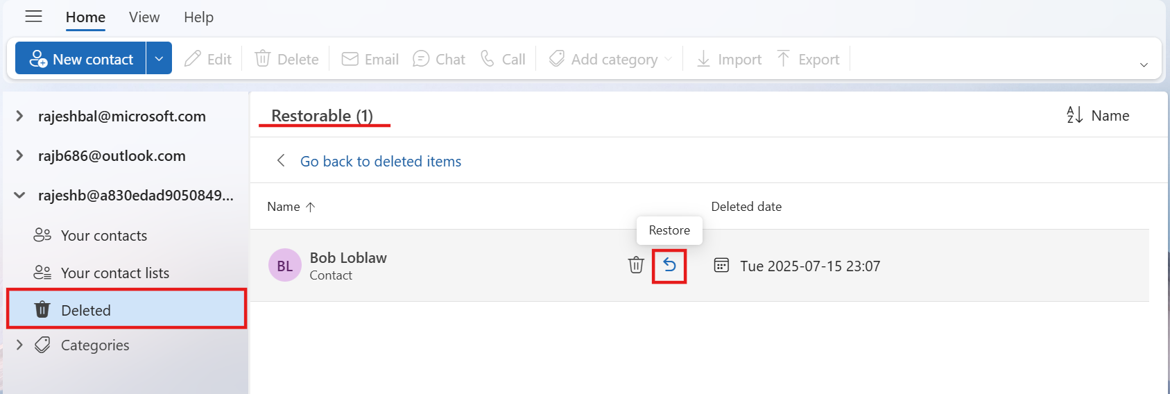 Screenshot of the restorable folder that displays one contact with highlights on the Restore icon and showing the folder name to be Restorable