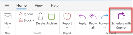 Shows Outlook toolbar with Schedule with Copilot button highlighted.