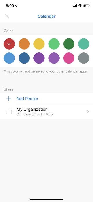 Shows a calendar on a mobile screen. Under the Share section, theres a link that says Add People.
