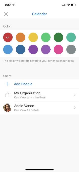 Shows a mobile screen with Calendar at the top. Below the Share section, there are a couple options, and the name of a person who was added.