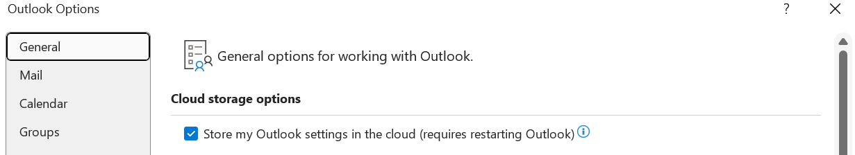 Store my Outlook settings in the cloud (requires restarting Outlook) should be enabled if the user would like to import their settings into the new Outlook for Windows