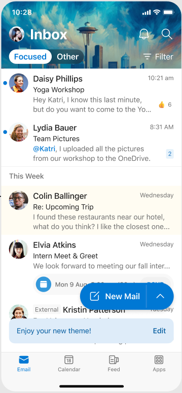 A screen showing how a theme looks when it’s applied on Outlook Mobile