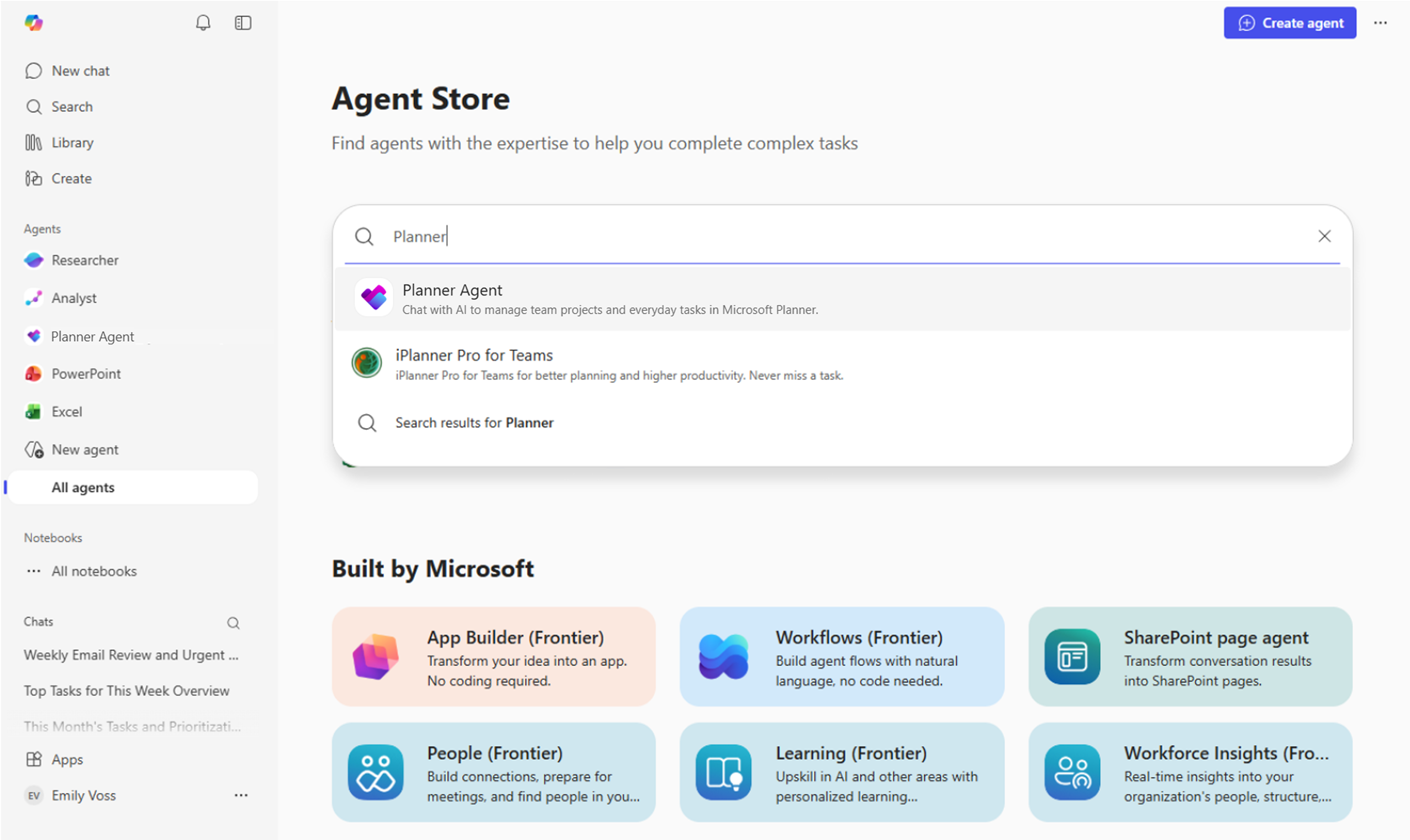 Screenshot that shows the Add button for Planner Agent in Microsoft Copilot.