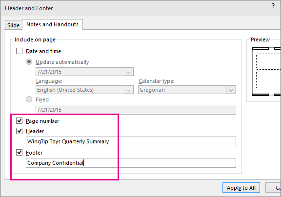 Shows header dialog in PowerPoint