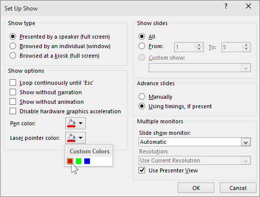 Shows laser pointer options in PowerPoint