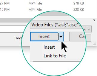 In the Insert Video dialog box, you choose between Insert (which means Embed) or Link to File.