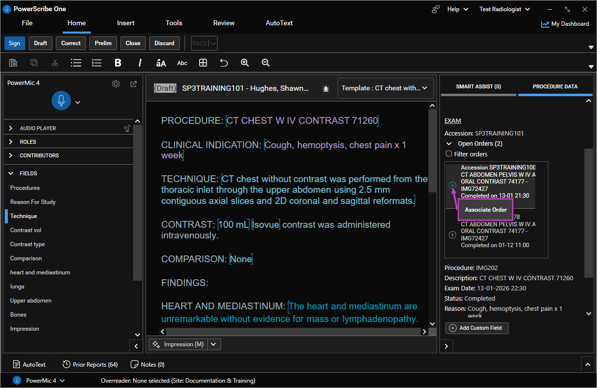 Screenshot of the Order Association panel in PowerScribe One showing associated orders.