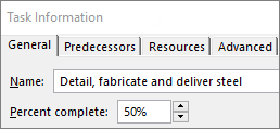 Screenshot of a tasks Task Details dialog showing Percent complete