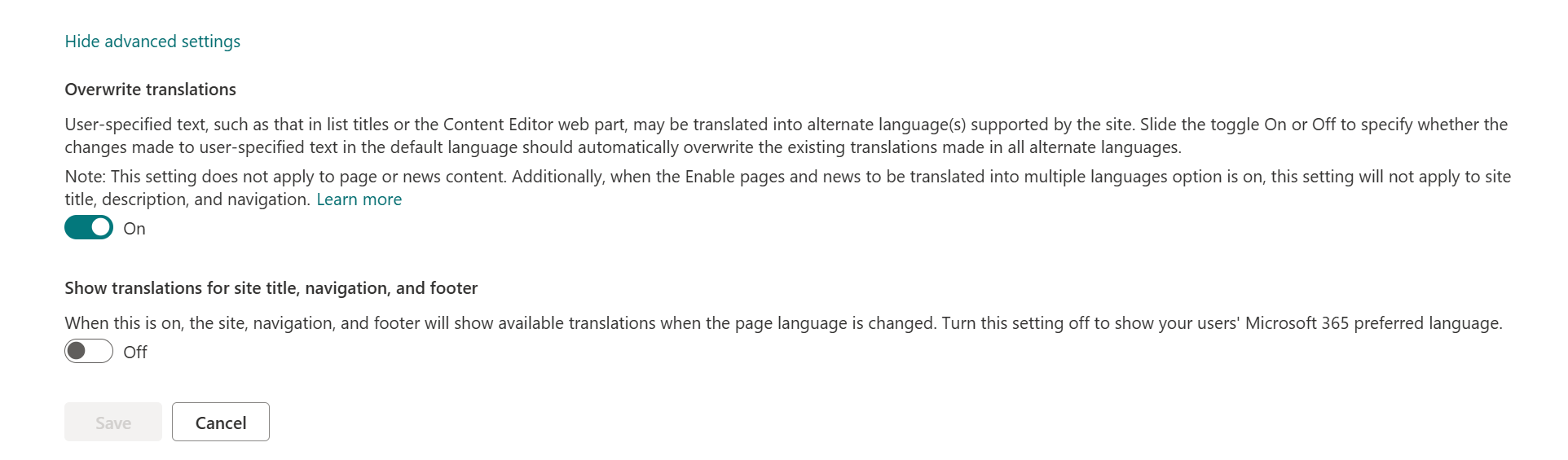 Screenshot of advanced language settings, showing toggles for overwrite translations and show translations for site title, navigation, and footer