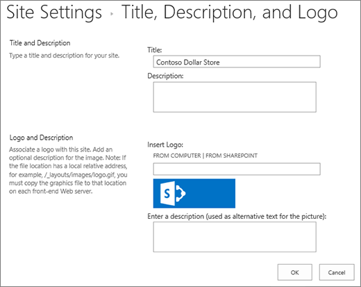 Title, description, and logo settings page