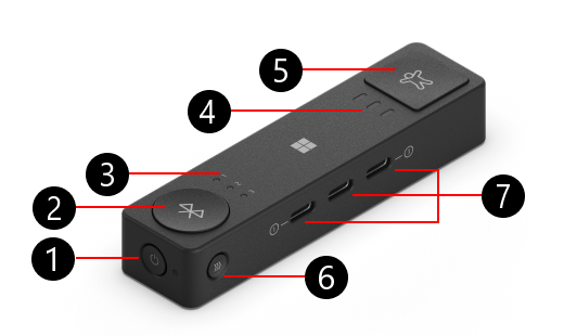 Microsoft Adaptive Hub with numbers to identify physical features, starting with the power button.